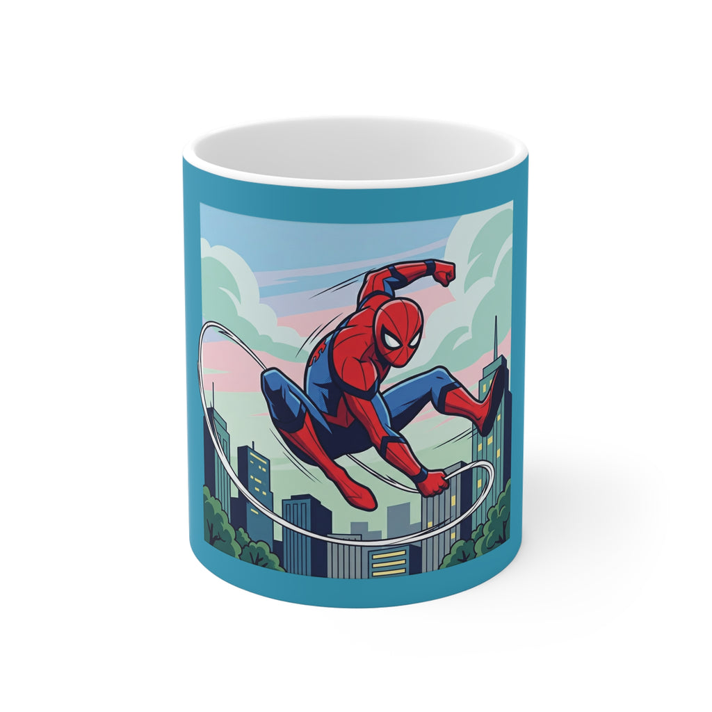 Spider Hero action mug featuring a comic-style web-slinger in action against a skyline background.