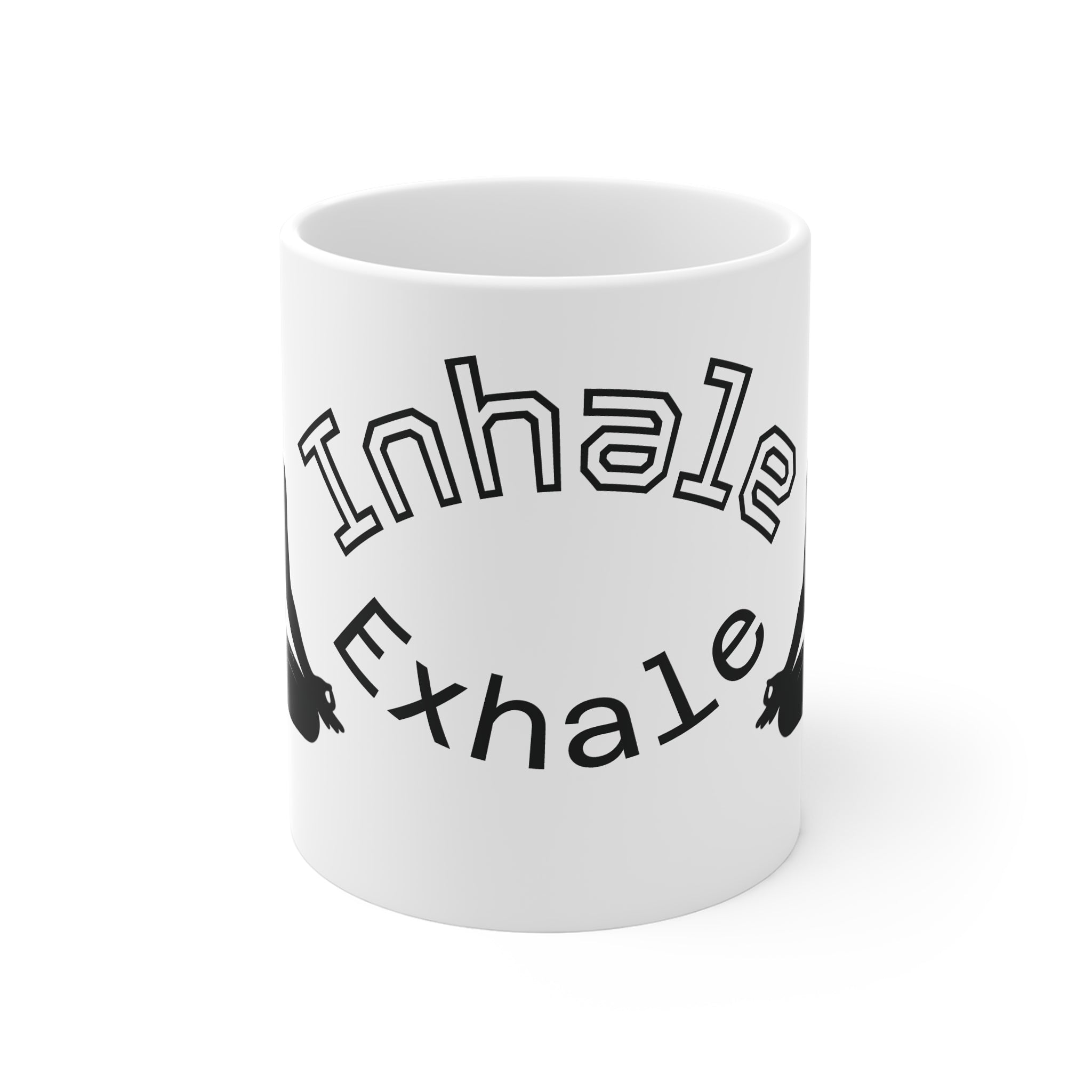 Meditation yoga coffee mug with 'Inhale Exhale' text design for calming moments.