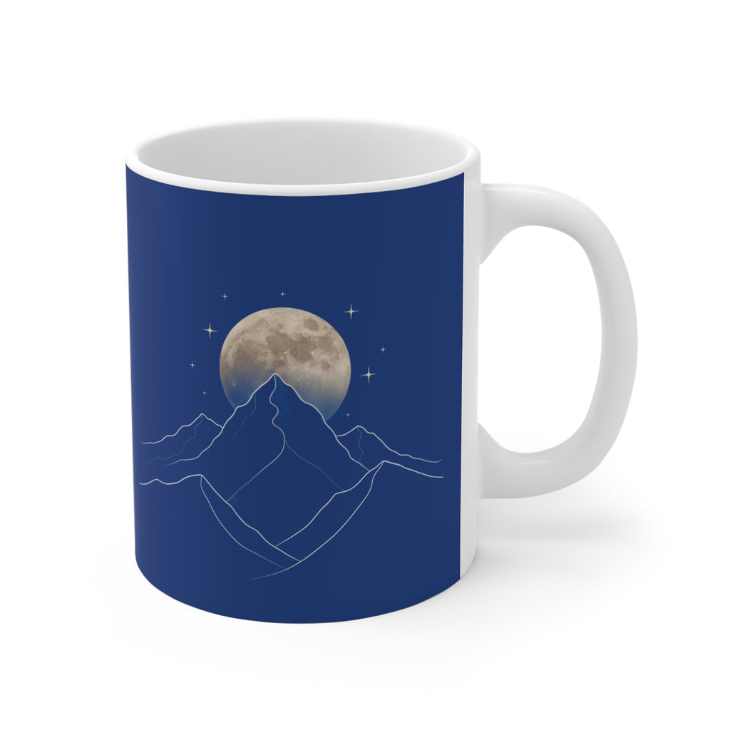 Minimalist line art coffee mug featuring mountains and a moon on a blue background.