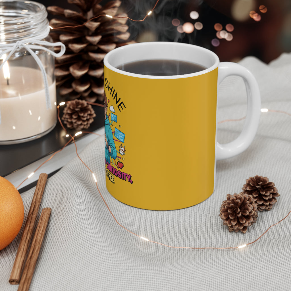 Motivational ceramic coffee mug on table with coffee setting