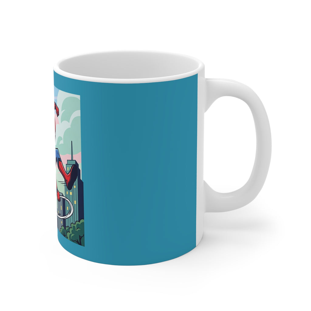 Spider Hero action mug featuring a comic-style web-slinger against a teal background.
