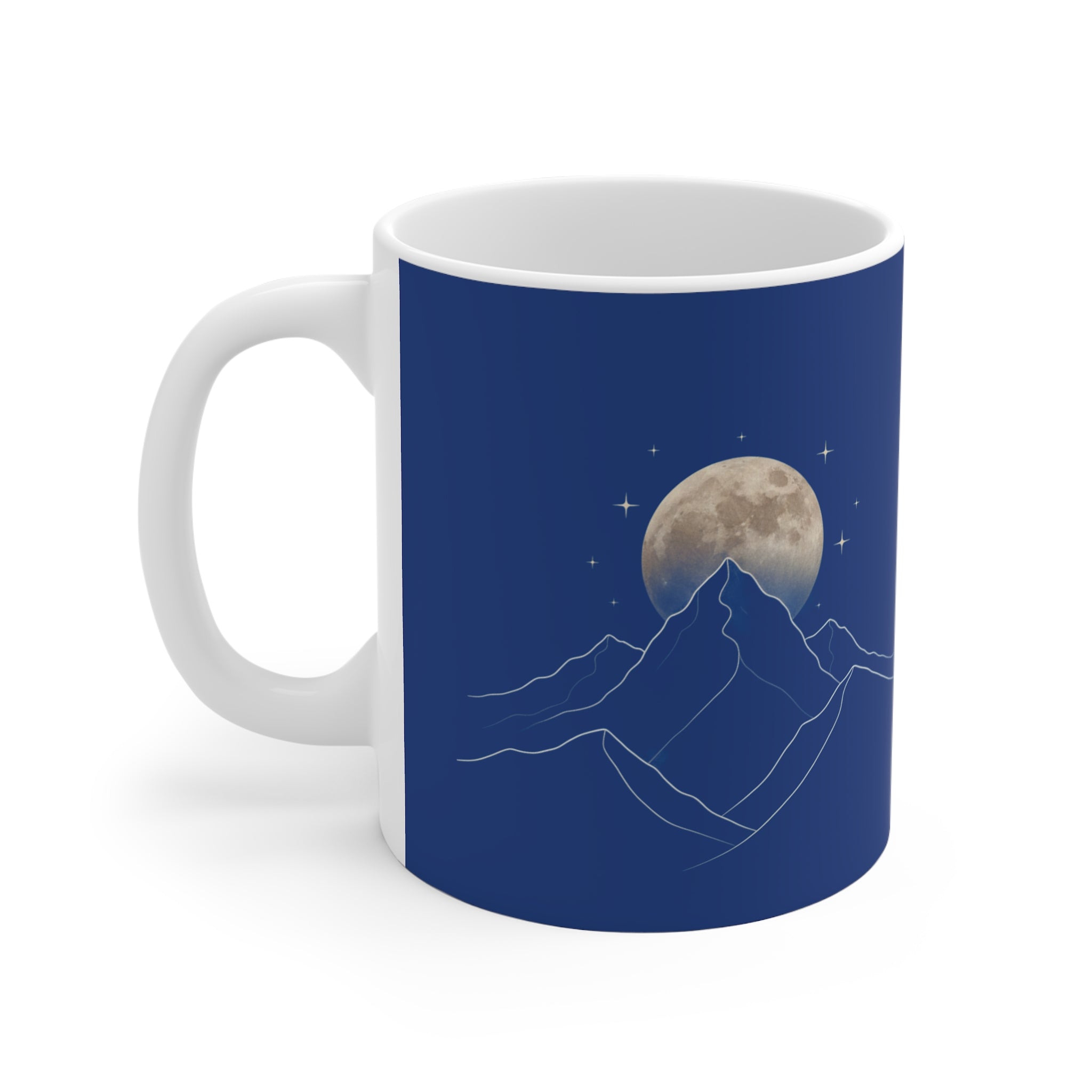 Minimalist Line Art Coffee Mug showcasing a mountain and moon design on a blue background.