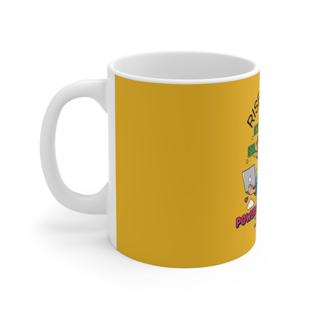 Side view of motivational ceramic coffee mug with handle