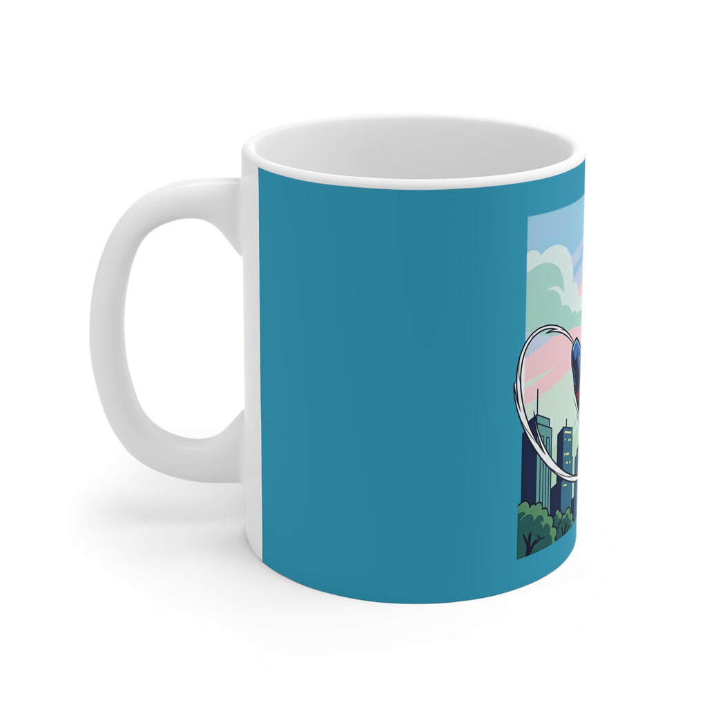 Spider Hero action mug featuring a comic-style web-slinger against a teal background.