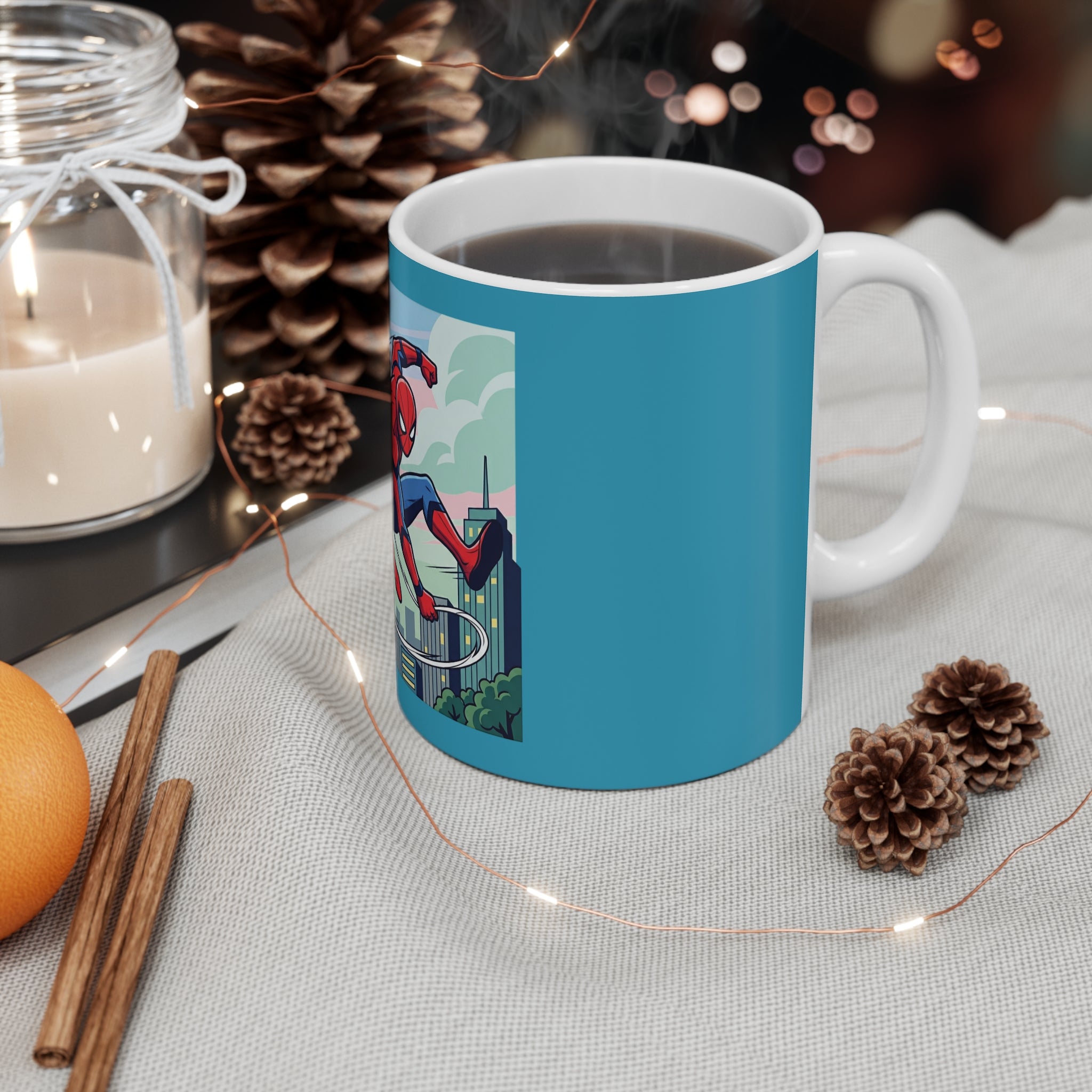 Spider Hero action mug with comic-style design, teal border, and hot coffee, on a cozy table setting.
