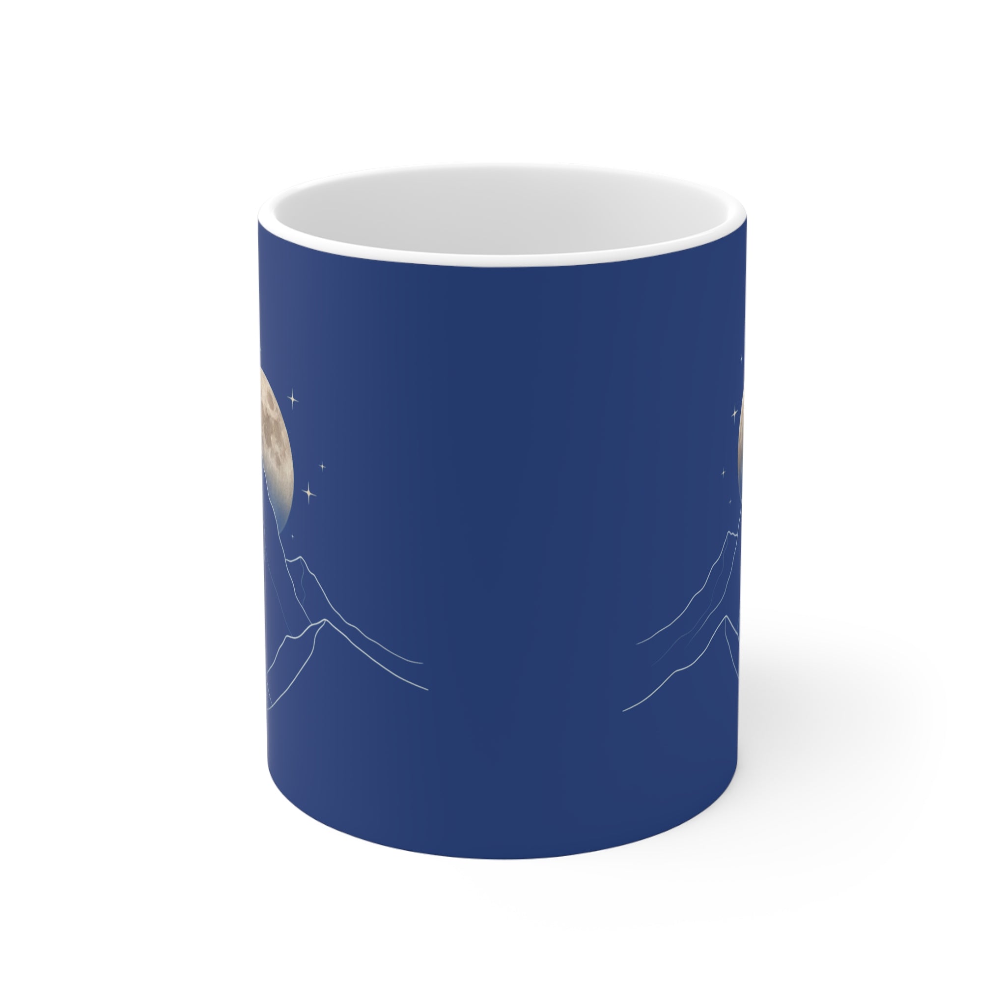 Minimalist line art coffee mug featuring a moon and mountain design on a blue background.