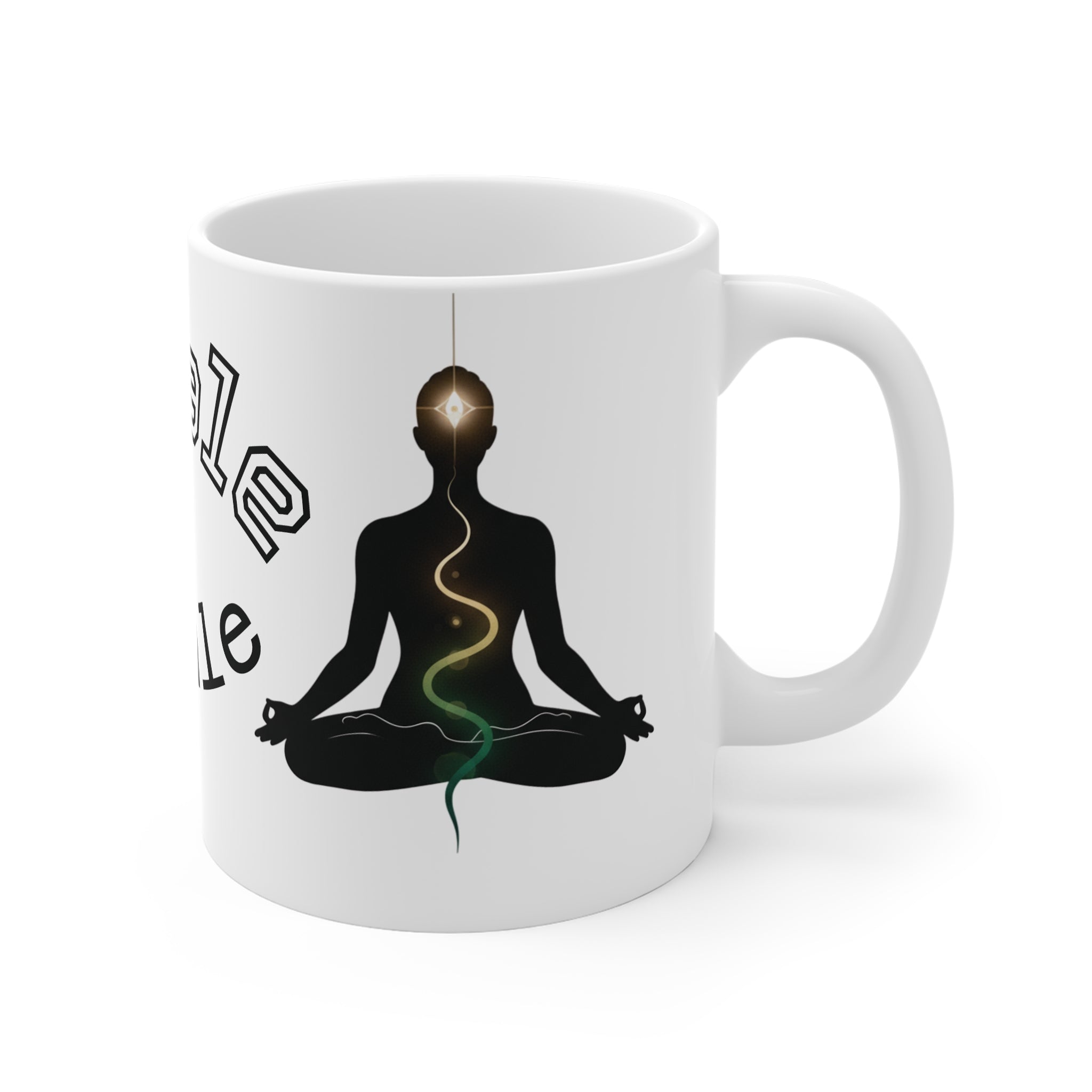 meditation yoga coffee mug featuring a silhouette in meditation with 'Inhale Exhale' text and glowing chakra line.