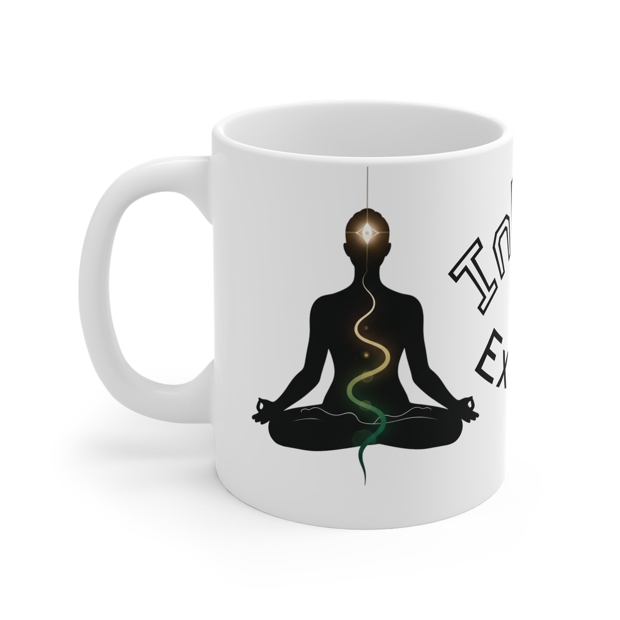 Meditation yoga coffee mug featuring silhouette in meditation with glowing chakra and "Inhale Exhale" design.