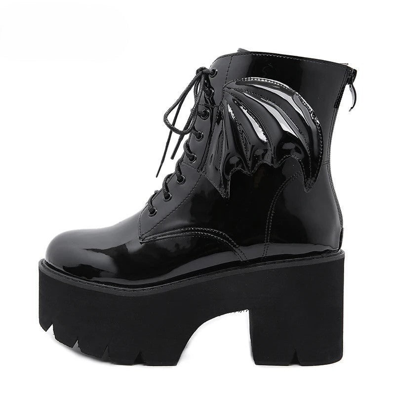 Bat Wing Gothic Ankle Platform Boots | PVC Lace-Up | Patent Faux Leather