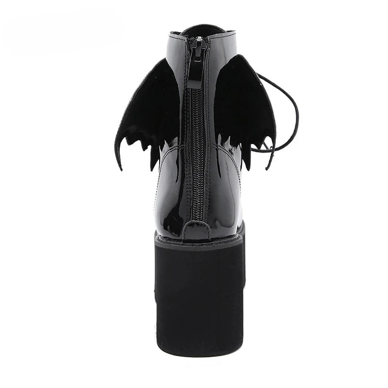 Bat Wing Gothic Ankle Platform Boots | PVC Lace-Up | Patent Faux Leather