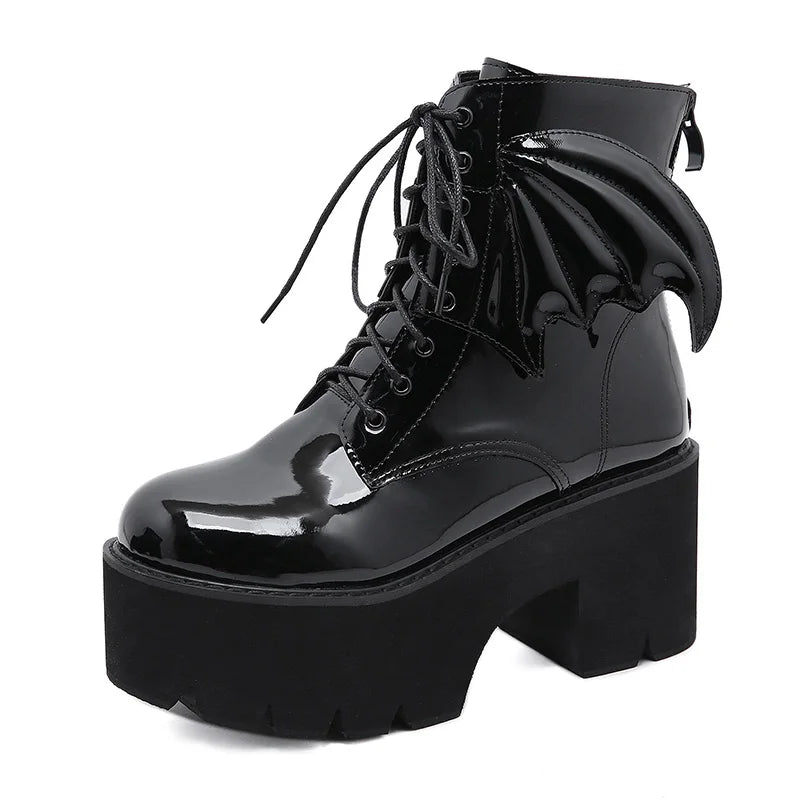 Bat Wing Gothic Ankle Platform Boots | PVC Lace-Up | Patent Faux Leather