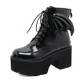 Bat Wing Gothic Ankle Platform Boots | PVC Lace-Up | Patent Faux Leather
